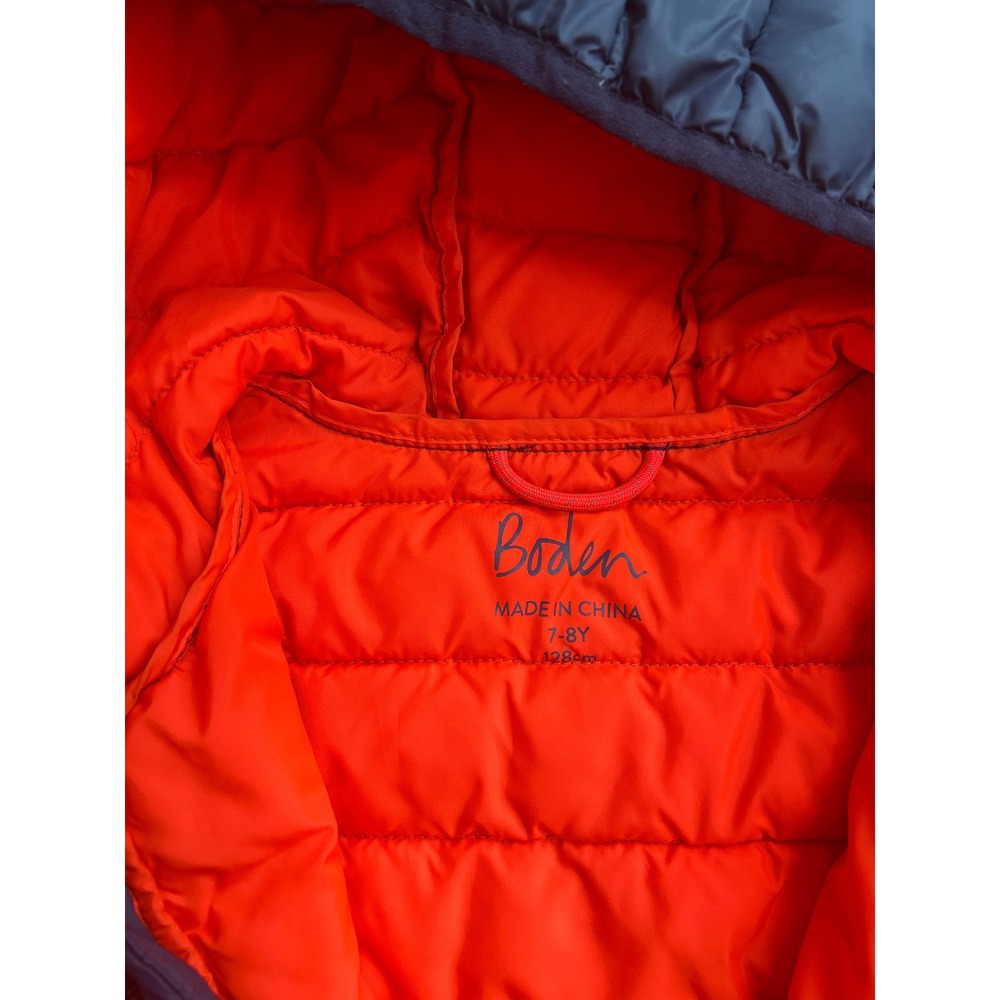 Boden Kids Navy Blue Orange Packable Puffer Jacket Hooded Water Resistant 7-8Y - Picture 2 of 8